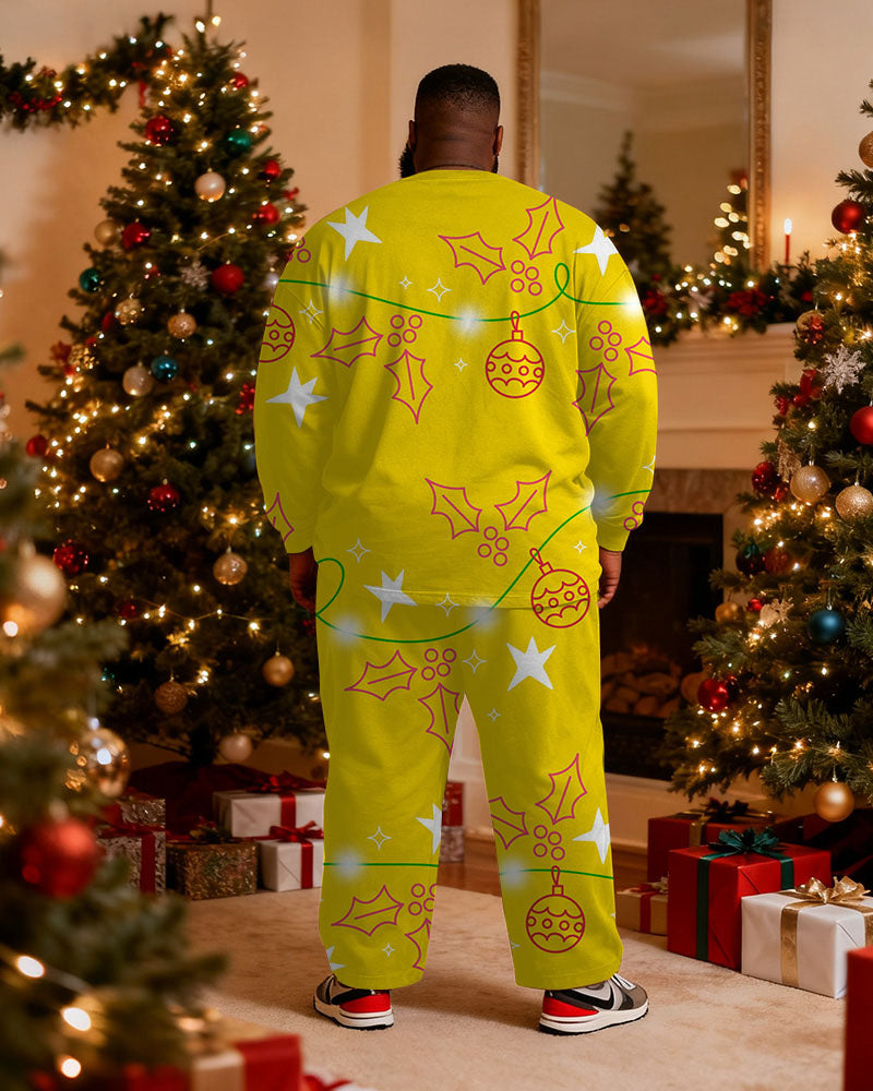 Big & Tall Men's Christmas Letter Yellow Printed Long Sleeve T-Shirt Pants Set