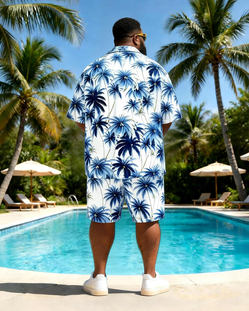 Big & Tall Men's Blue And White Coconut Print Short Sleeve Shirt Shorts Set