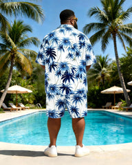 Big & Tall Men's Blue And White Coconut Print Short Sleeve Shirt Shorts Set
