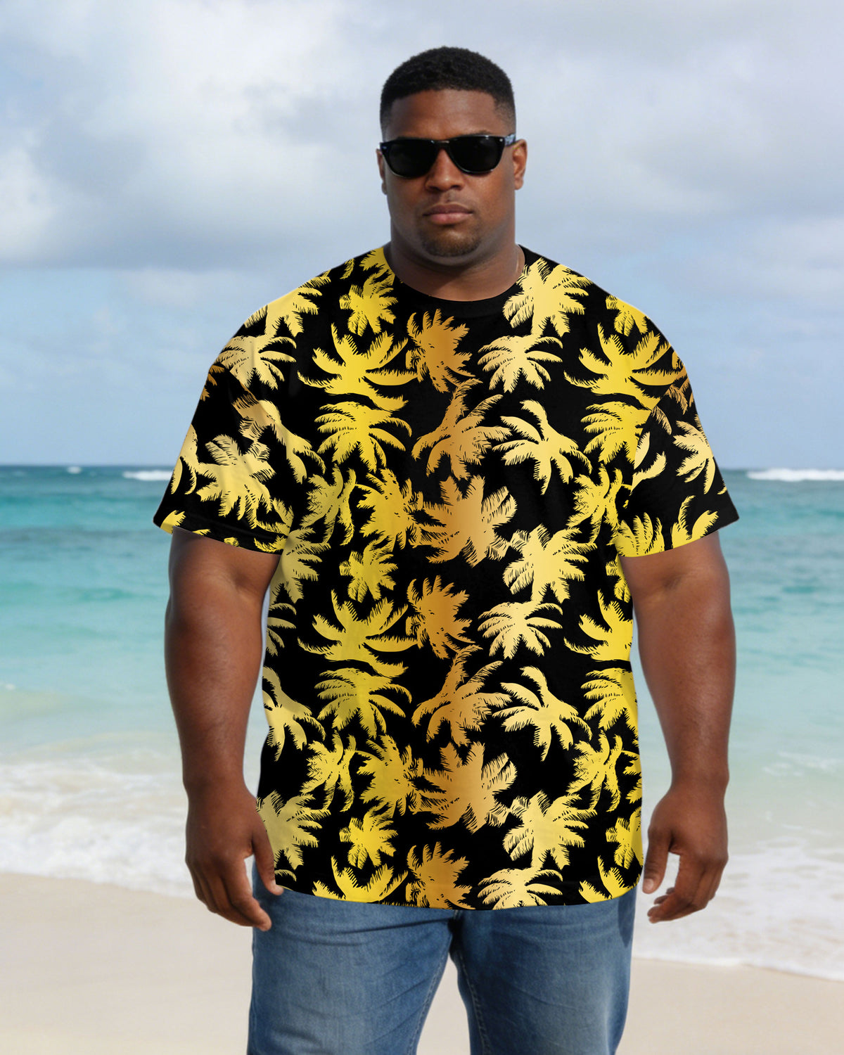 Men's Large Size Black Gold Print Full Print Short Sleeve T-shirt