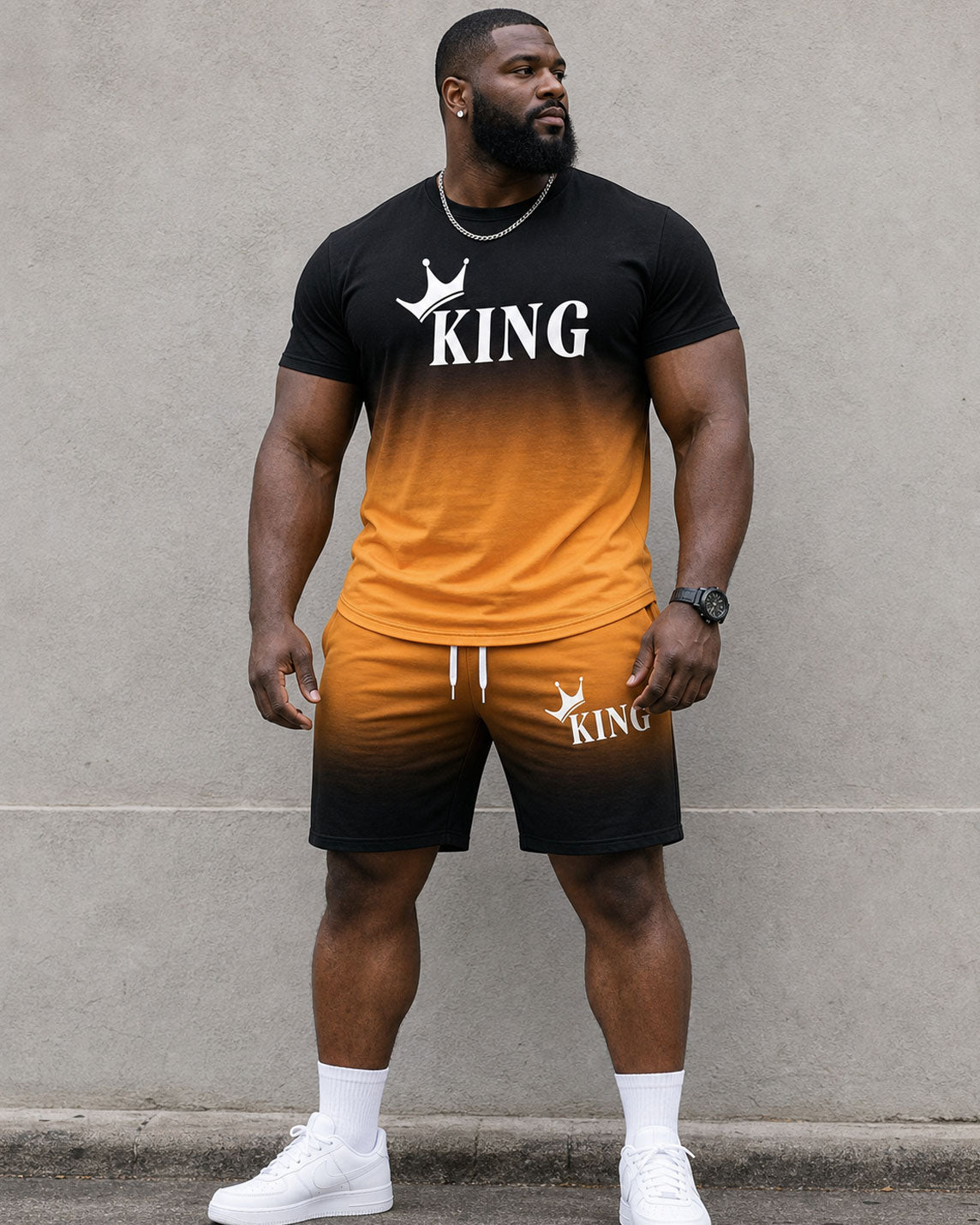 Big & Tall Men's Black & Orange Gradient KING Slogan Printed Short Sleeve T-Shirt Shorts Set
