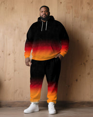 Large Size Men's Autumn And Winter Warm Cold-proof Red & Black Neon Gradient Contrast Hoodie Sweatpants Set