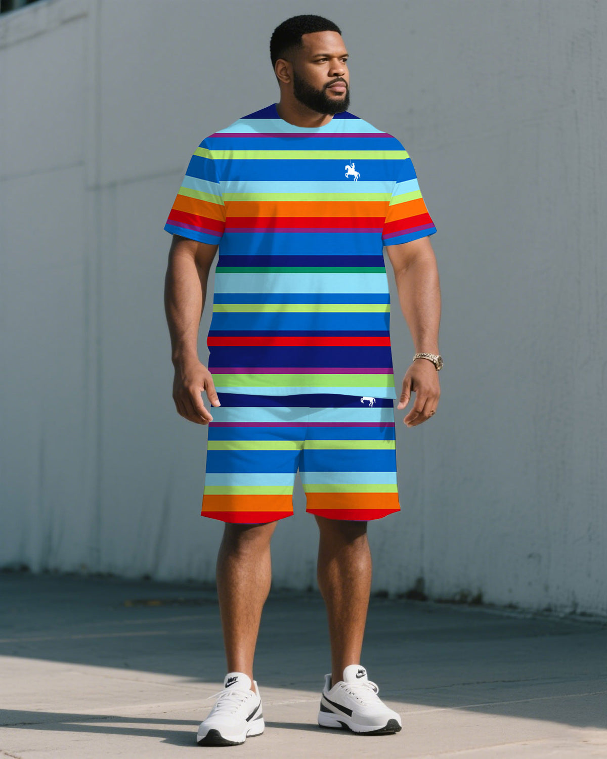 Big & Tall Men's Blue Rainbow Stripe Casual Daily Simple Chest Pony Print T-Shirt Shorts Set
