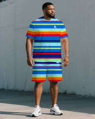 Big & Tall Men's Blue Rainbow Stripe Casual Daily Simple Chest Pony Print T-Shirt Shorts Set
