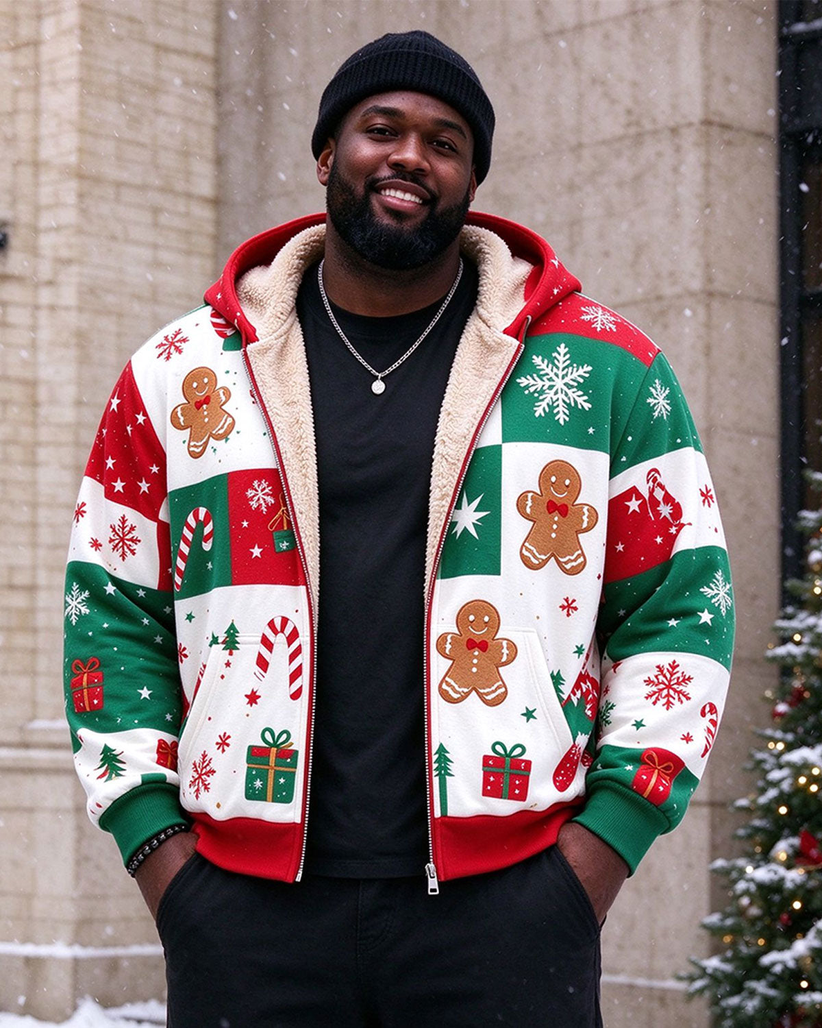Large Size Men's Autumn And Winter Warm Fleece-lined Cold-proof Christmas Cartoon Merry Christmas Casual Jacket Hooded Jacket