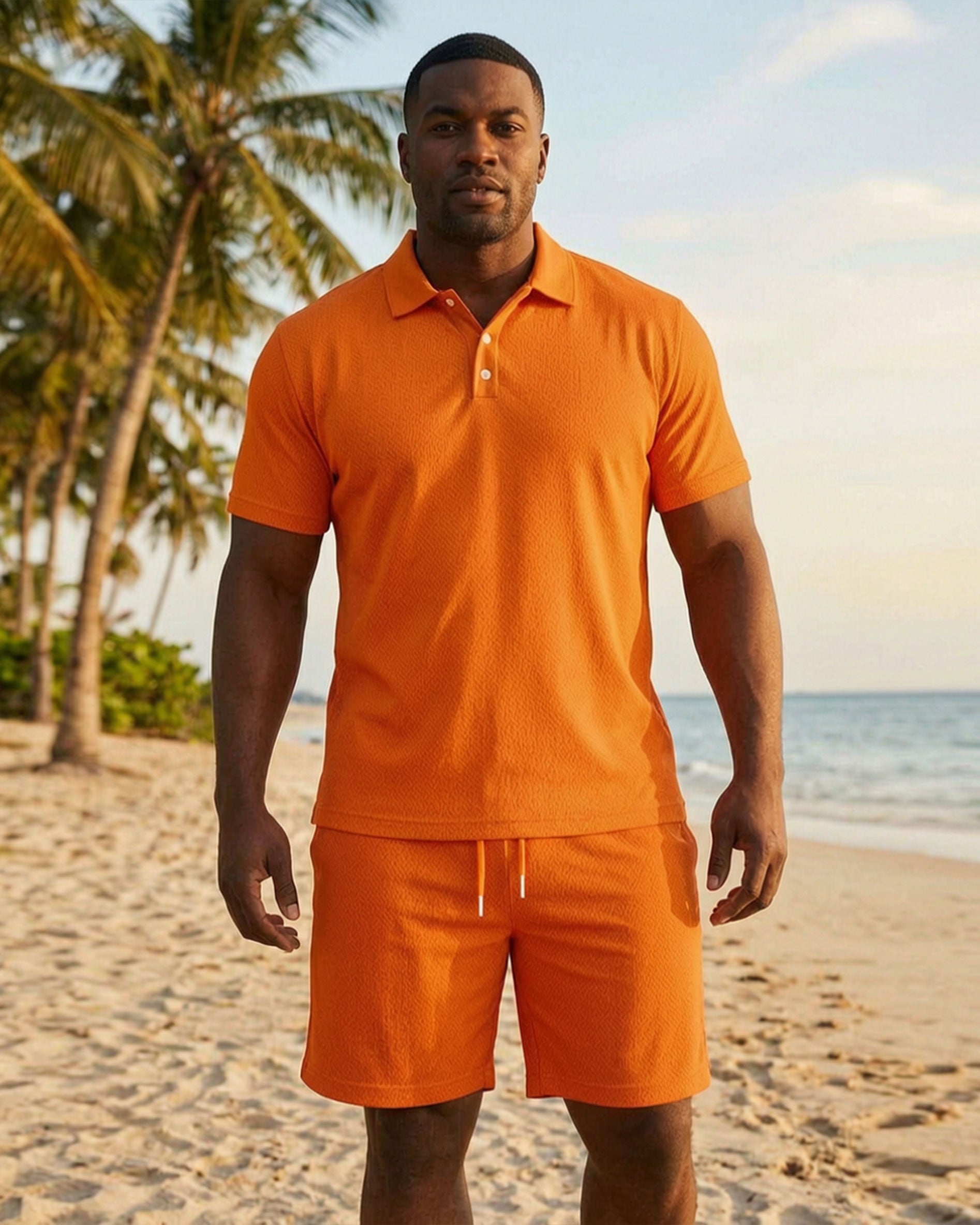 Big & Tall Men's Orange Solid Color Casual POLO Shirt Short Sleeve Shorts Set