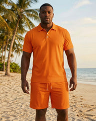 Big & Tall Men's Orange Solid Color Casual POLO Shirt Short Sleeve Shorts Set