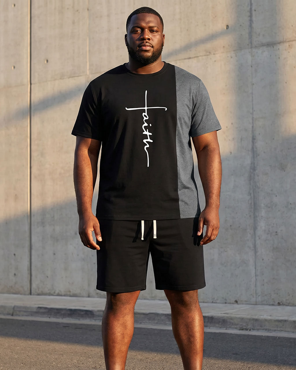Big & Tall Men's Black & Grey Classic Embellished Chest Printed Short Sleeve T-Shirt Shorts Set