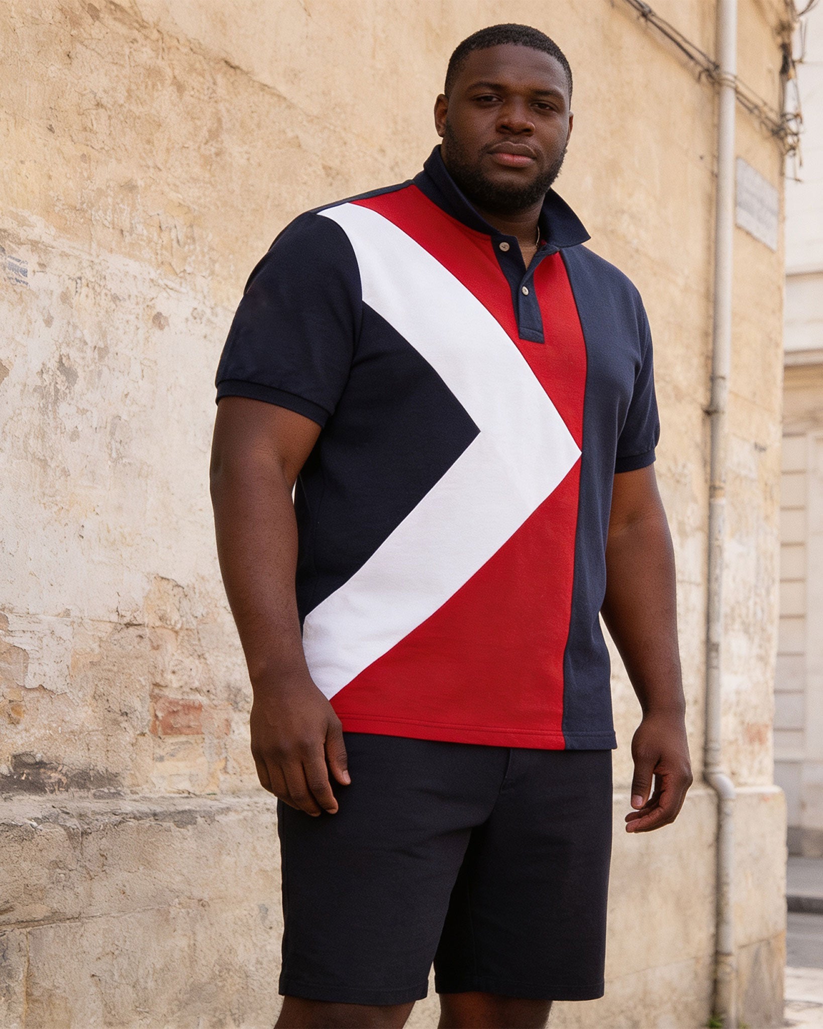 Big & Tall Men's Triangle Geometric Contrast Printed POLO Shirt Short Sleeve Shorts Set