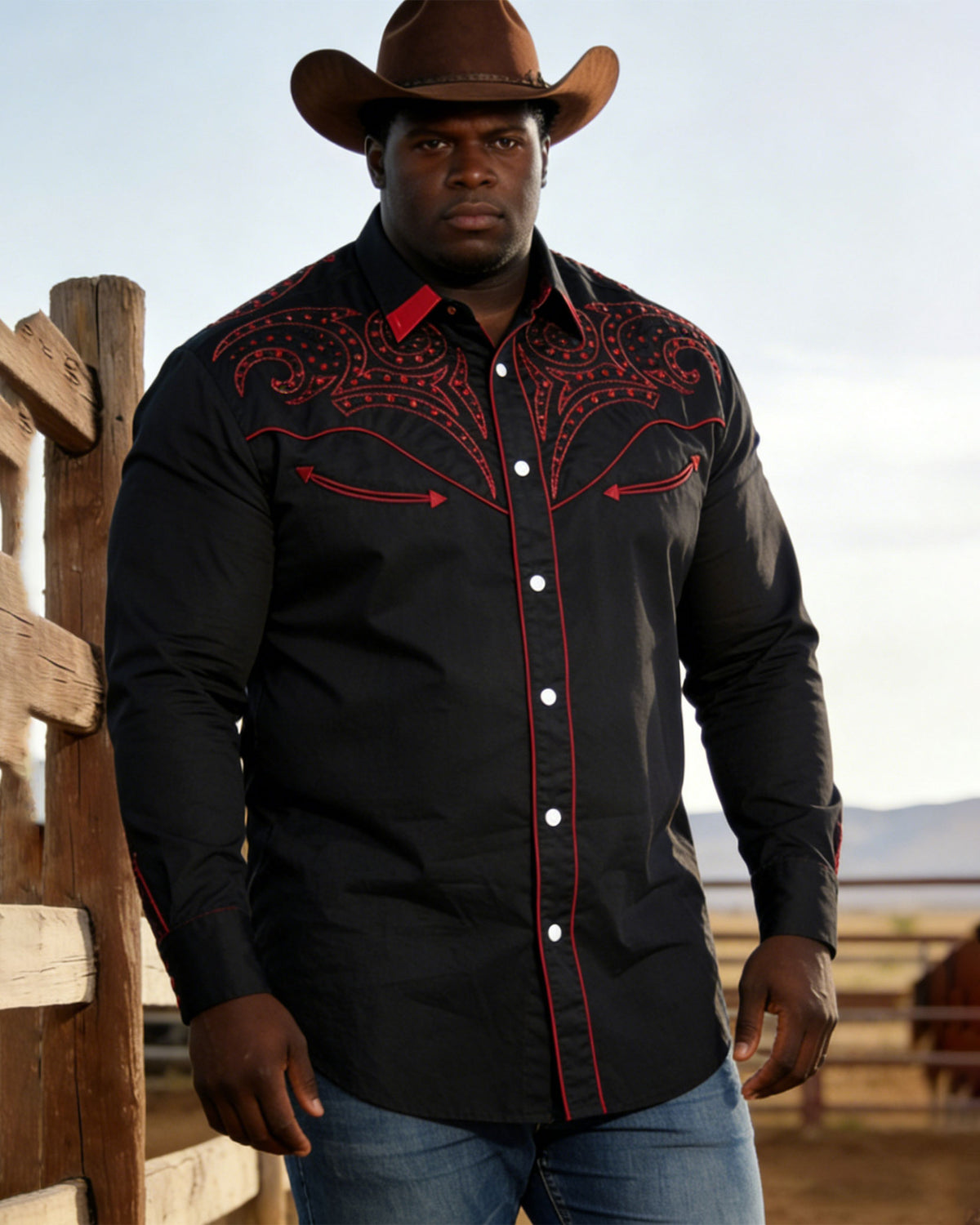 Big & Tall Men's Western Denim Black Printed Long Sleeve Shirt