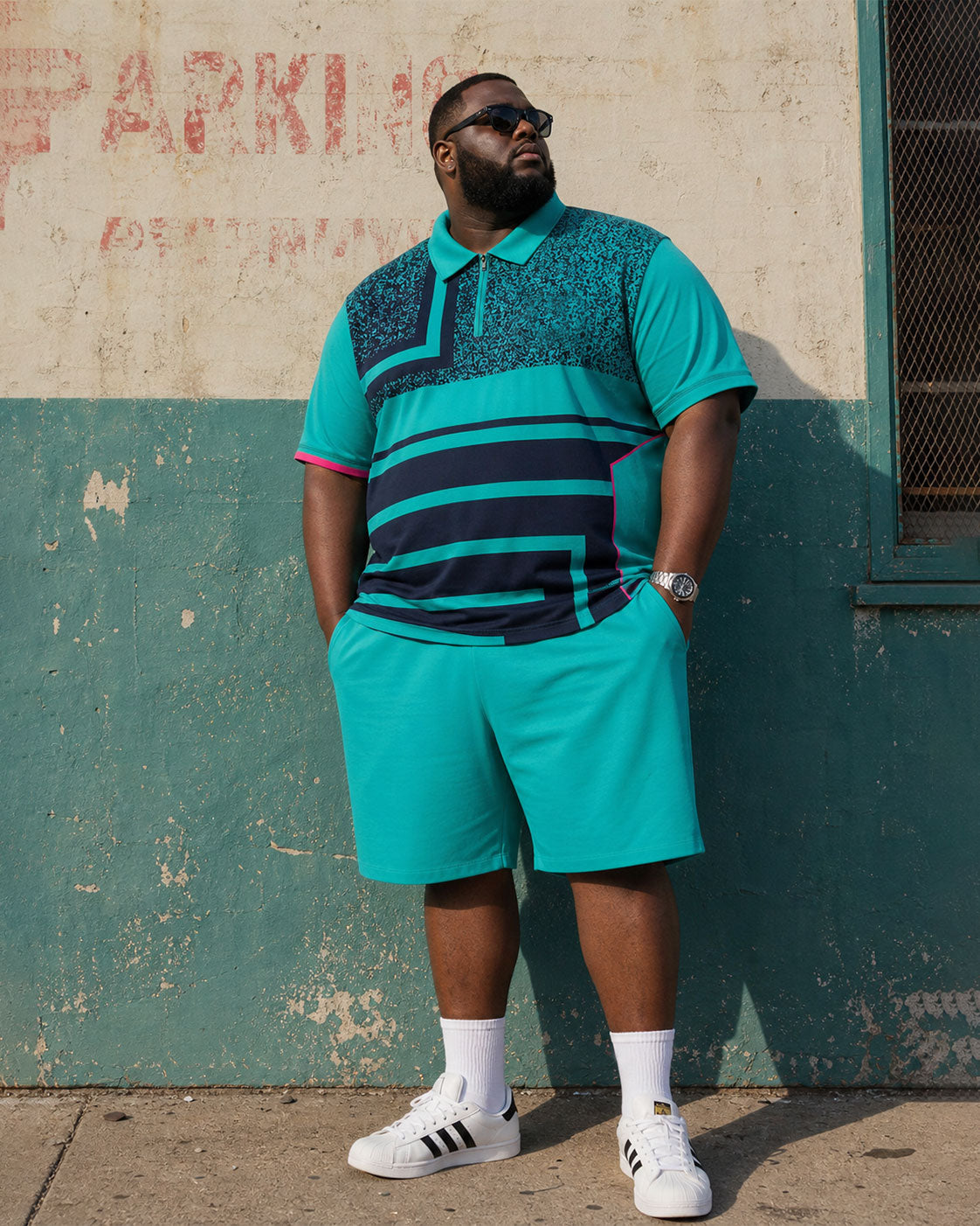 Big & Tall Men's Lake Blue & Black Contrast Printed Zipper POLO Shirt Short Sleeve Shorts Set