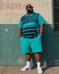 Big & Tall Men's Lake Blue & Black Contrast Printed Zipper POLO Shirt Short Sleeve Shorts Set