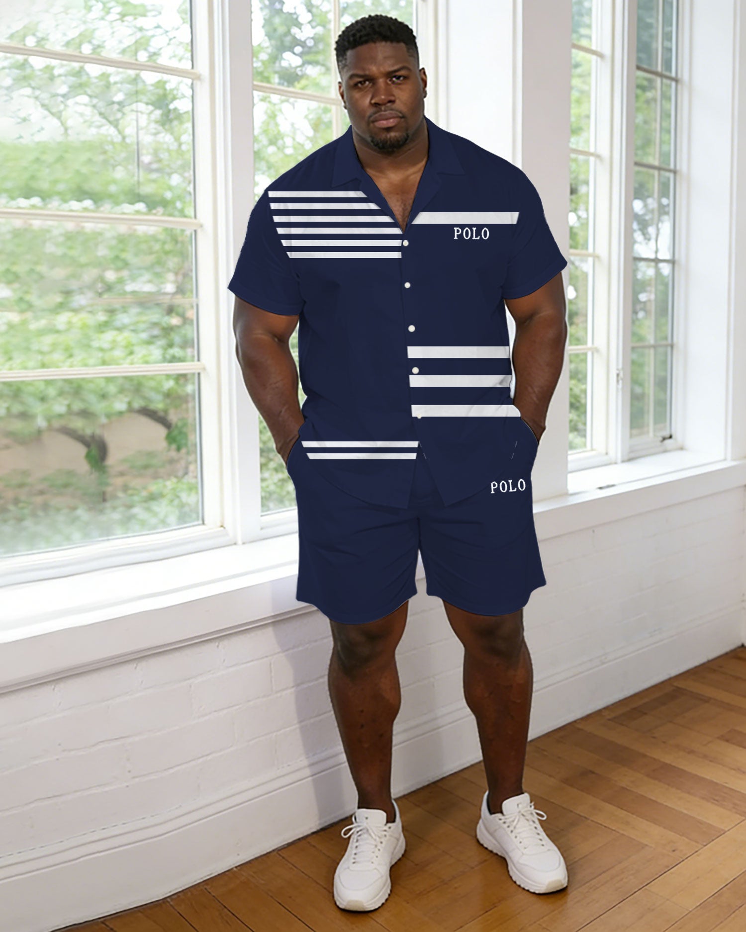 Men's Large Size Royal Blue Small Label Printed Short Sleeve Shirt And Shorts Set