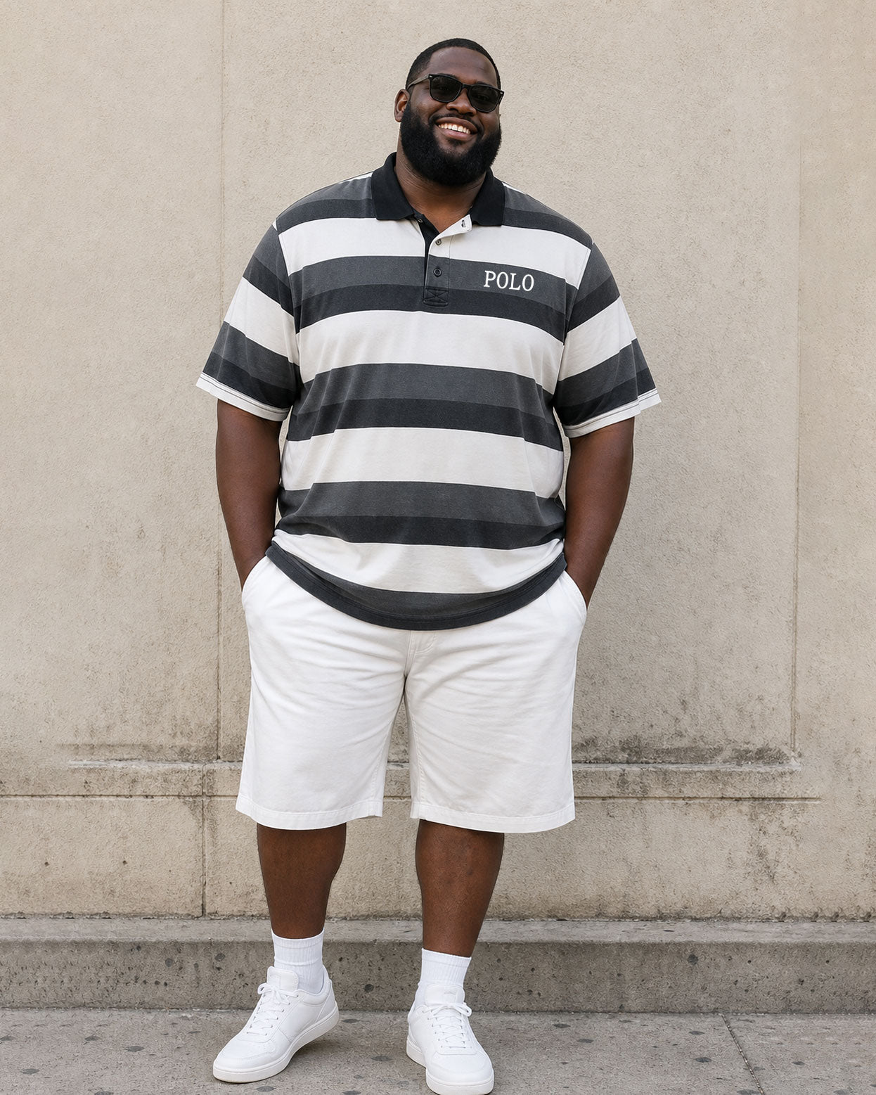 Big & Tall Men's Classic Black And White Coarse Stripes Casual Business POLO Shirt Short Sleeve Shorts Set