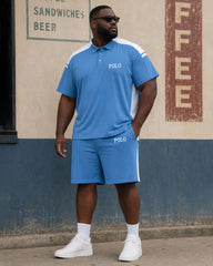 Big & Tall Men's Blue Side Stitching Contrast Casual Simple POLO Shirt Short Sleeve Shorts Set