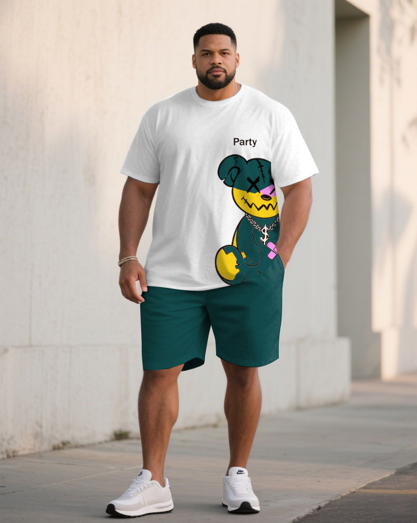 Big & Tall Men' Color Contrast Cartoon Pattern Street Fashion Short Sleeve T-shirt Shorts Set