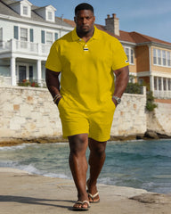 Large Size Men's Spring And Summer Leisure Holiday Yellow Collar & Cuff Edge Features Logo Business Party Short Sleeve POLO Shirt Shorts Set