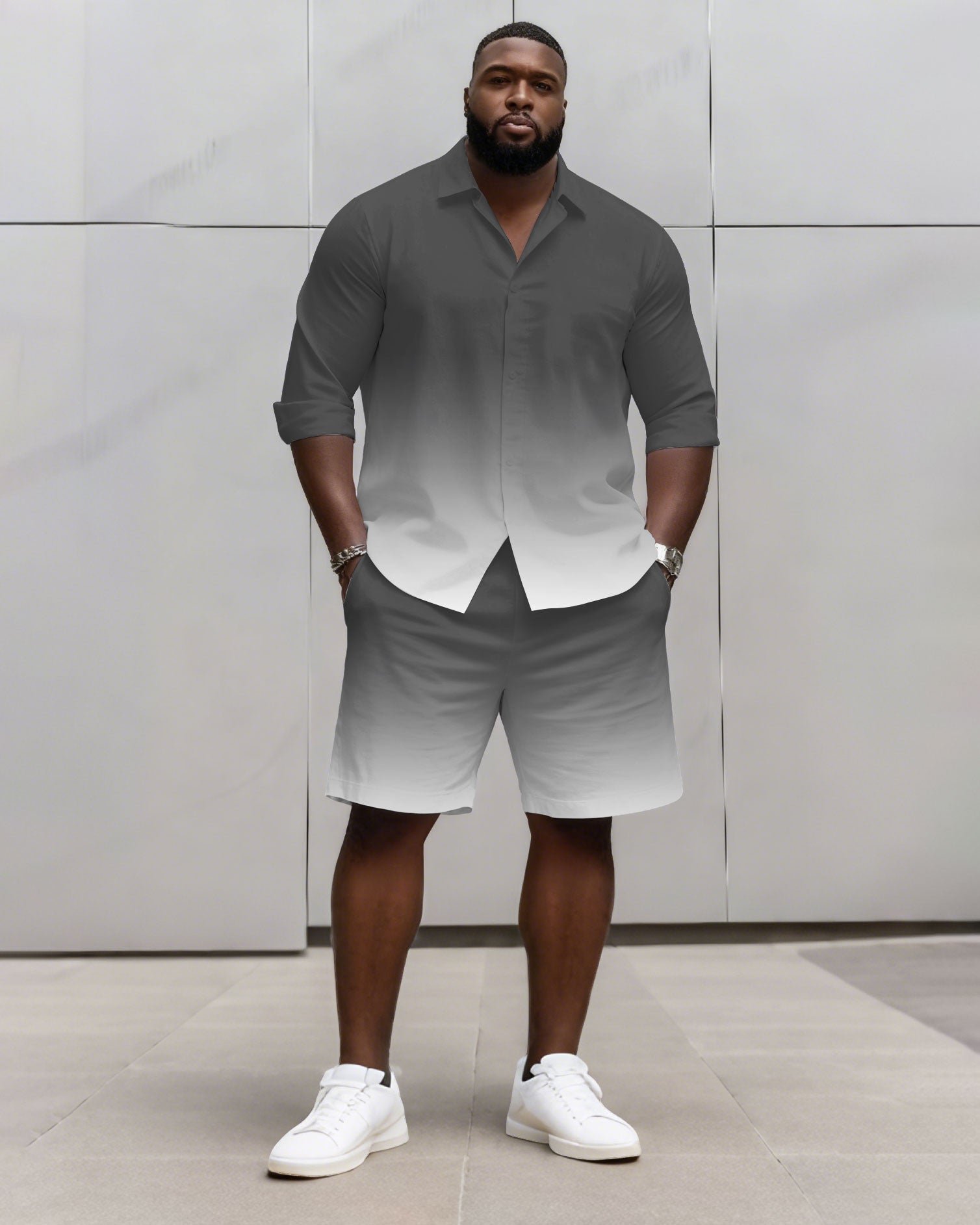 Big & Tall Men's Business Simple Blue & Purple & Grey & White 3 Choice Gradient Contrast Long Sleeve Shirt Shorts Set