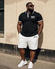 Big & Tall Men's Black & White Classic Color Matching Chest Small Label Printed POLO Shirt Short Sleeve Shorts Set
