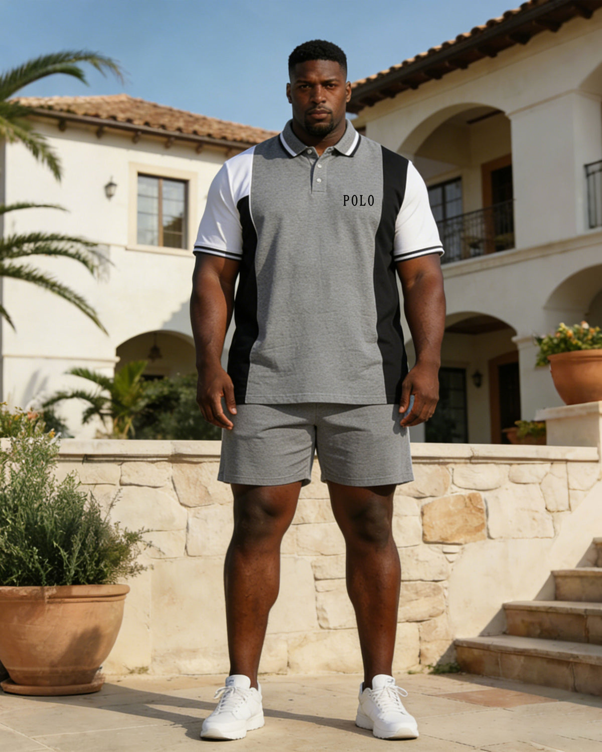 Gray Contrast Polo Shirt Shorts Set Large Size Men
