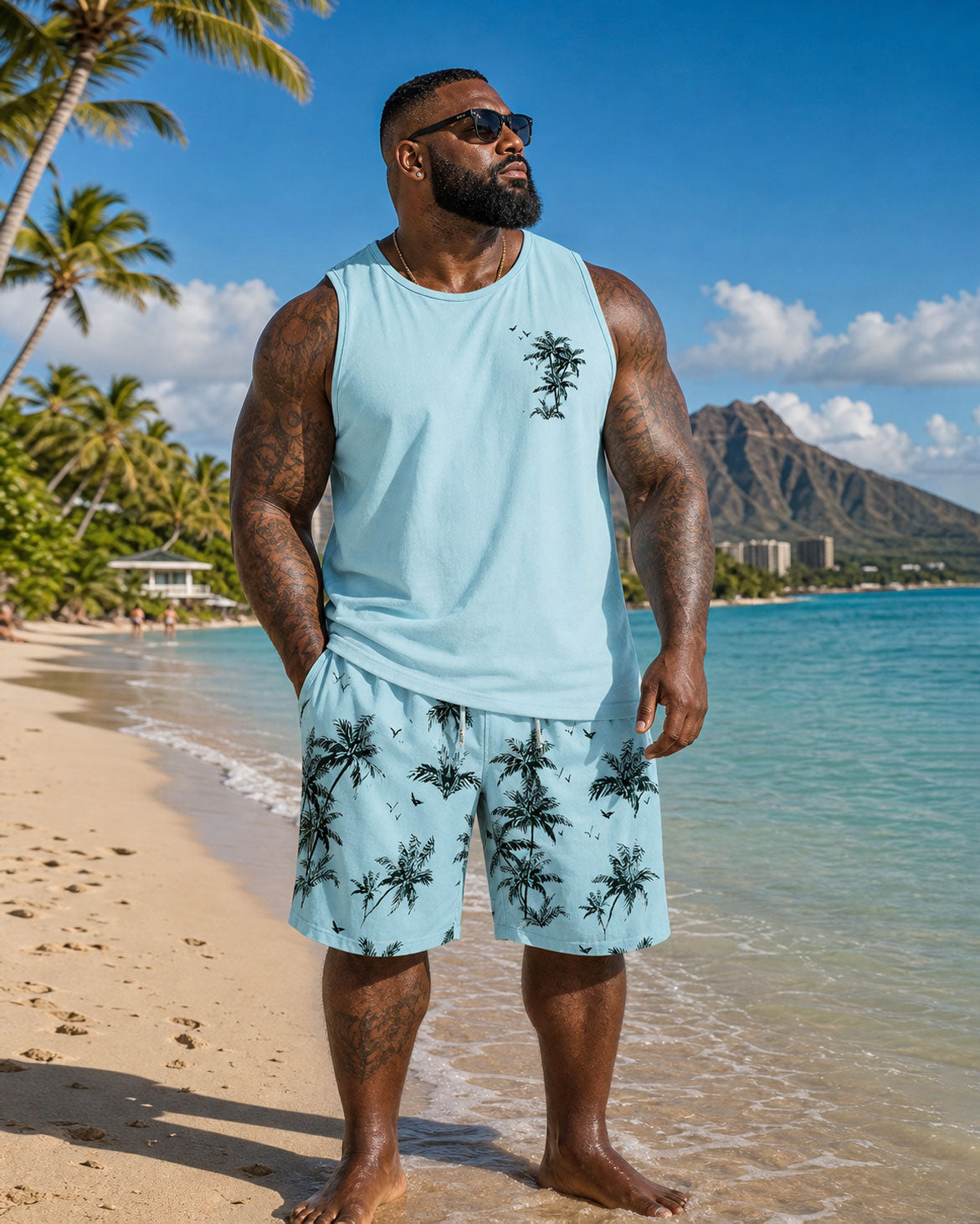 Big & Tall Men's Hawaiian Vacation Blue Coconut Tree Silhouette Print Tank Shorts Set