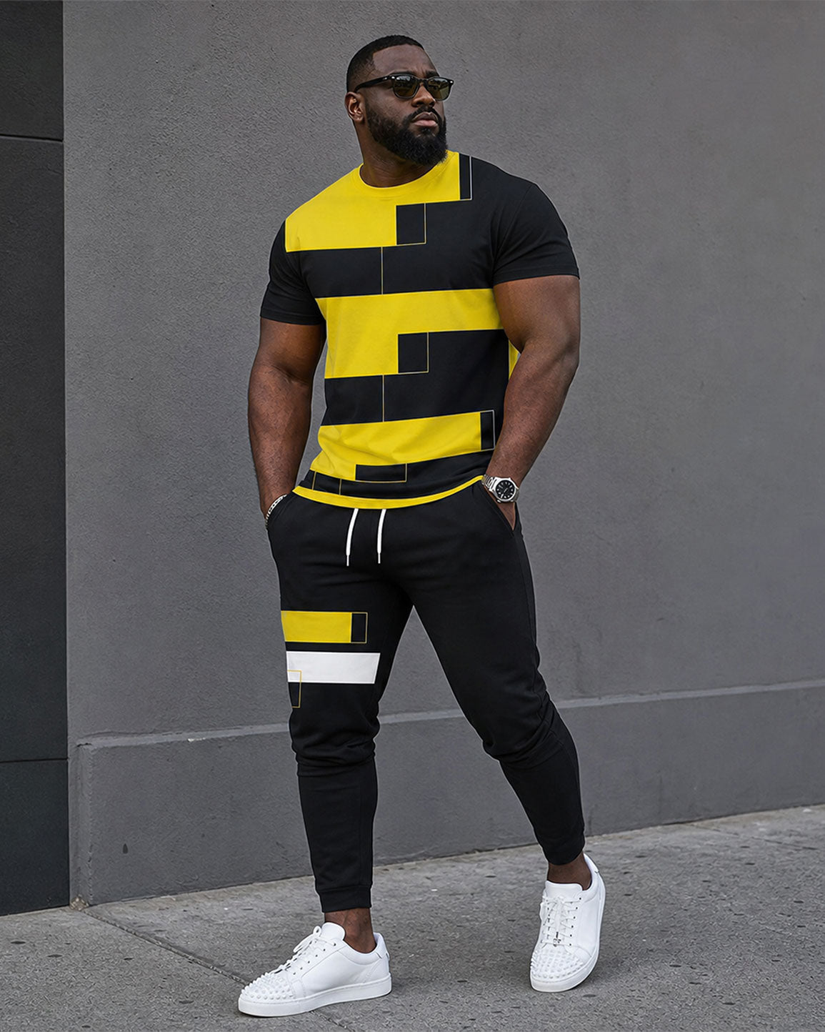 Big & Tall Men's Casual Simple Hiking Daily Yellow Irregular Square Printed Short Sleeve T-shirt Sports Pants Set