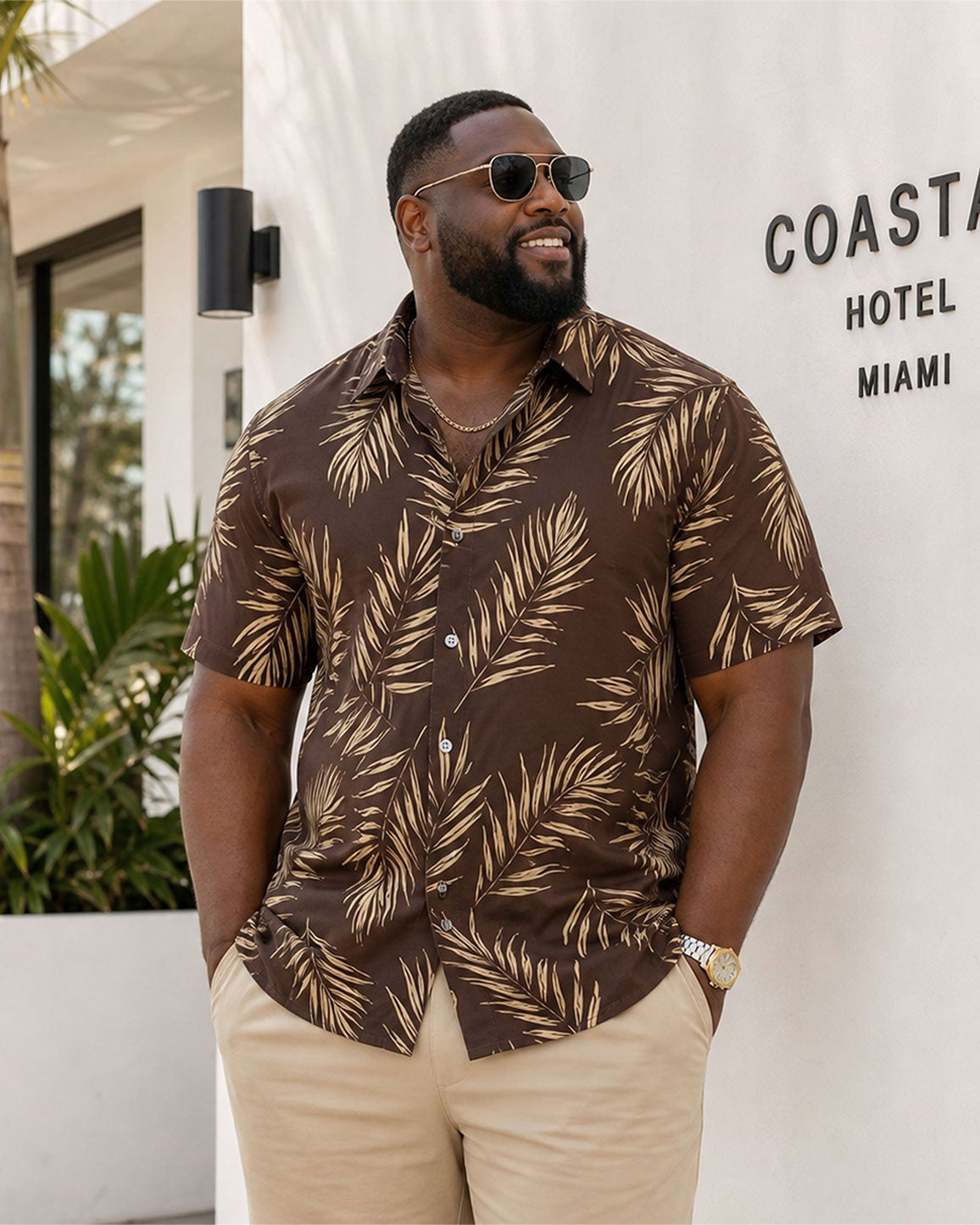 Big & Tall Men's Hawaiian Holiday Casual Leaf Quartet Continuous Printed Short Sleeve Button-Up Shirt