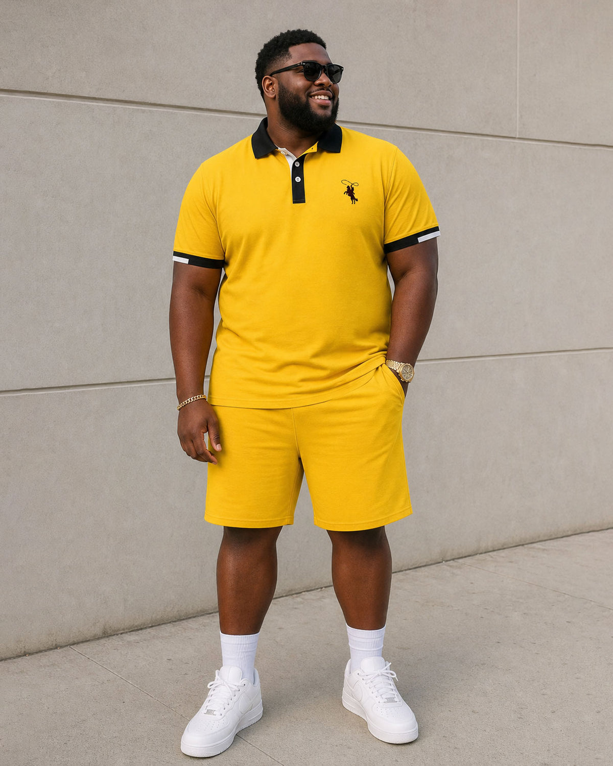 Big & Tall Men's Black & Yellow Contrast Stitching Chest Printing Simple Casual Daily POLO Shirt Short Sleeve Shorts Set