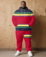 Large Size Men's Autumn And Winter Warm Cold-proof Brown Red & Rainbow Color Contrast Hoodie Sweatpants Set