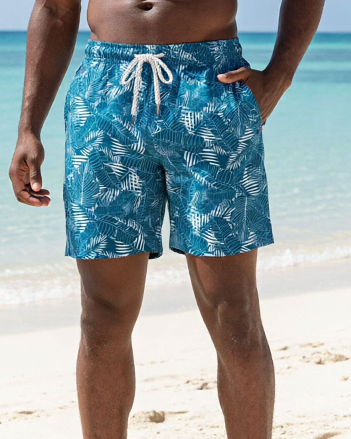 Big & Tall Men's Summer Vacation Swimming Fitness Blue Tropical Plant Print Swim Trunks/Shorts