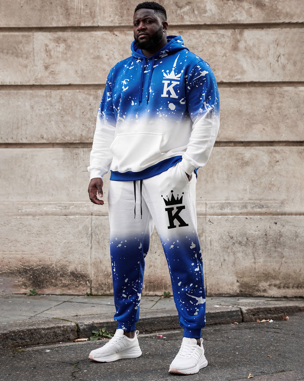 Large Size Men's Autumn And Winter Warm Christmas Snowflake Design Printed Hoodie Sweatpants Set