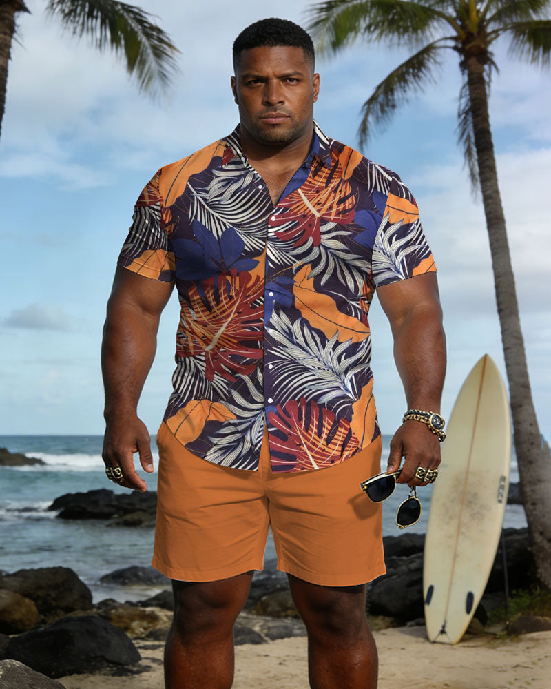 Big & Tall Men's Hawaiian Holiday Style Orange Plant Pattern Short Sleeve Shirt Shorts Set