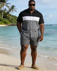 Men's Plus Size Black & White & Grey Simple Patchwork Printed Short Sleeve Shirt And Shorts Set