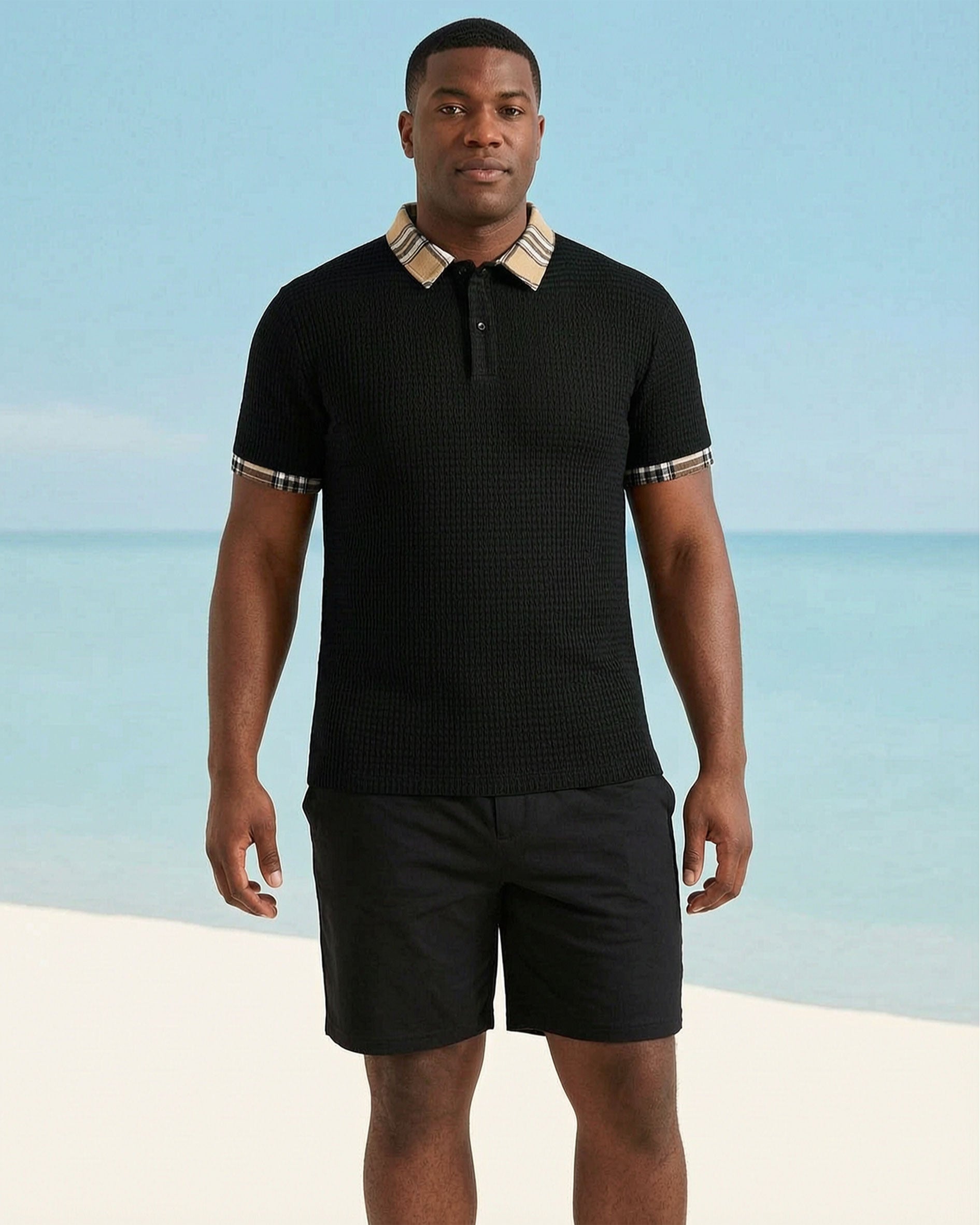 Big & Tall Men's Neckline Features Stitching Khaki Check POLO Short Sleeve Shorts Black Suit