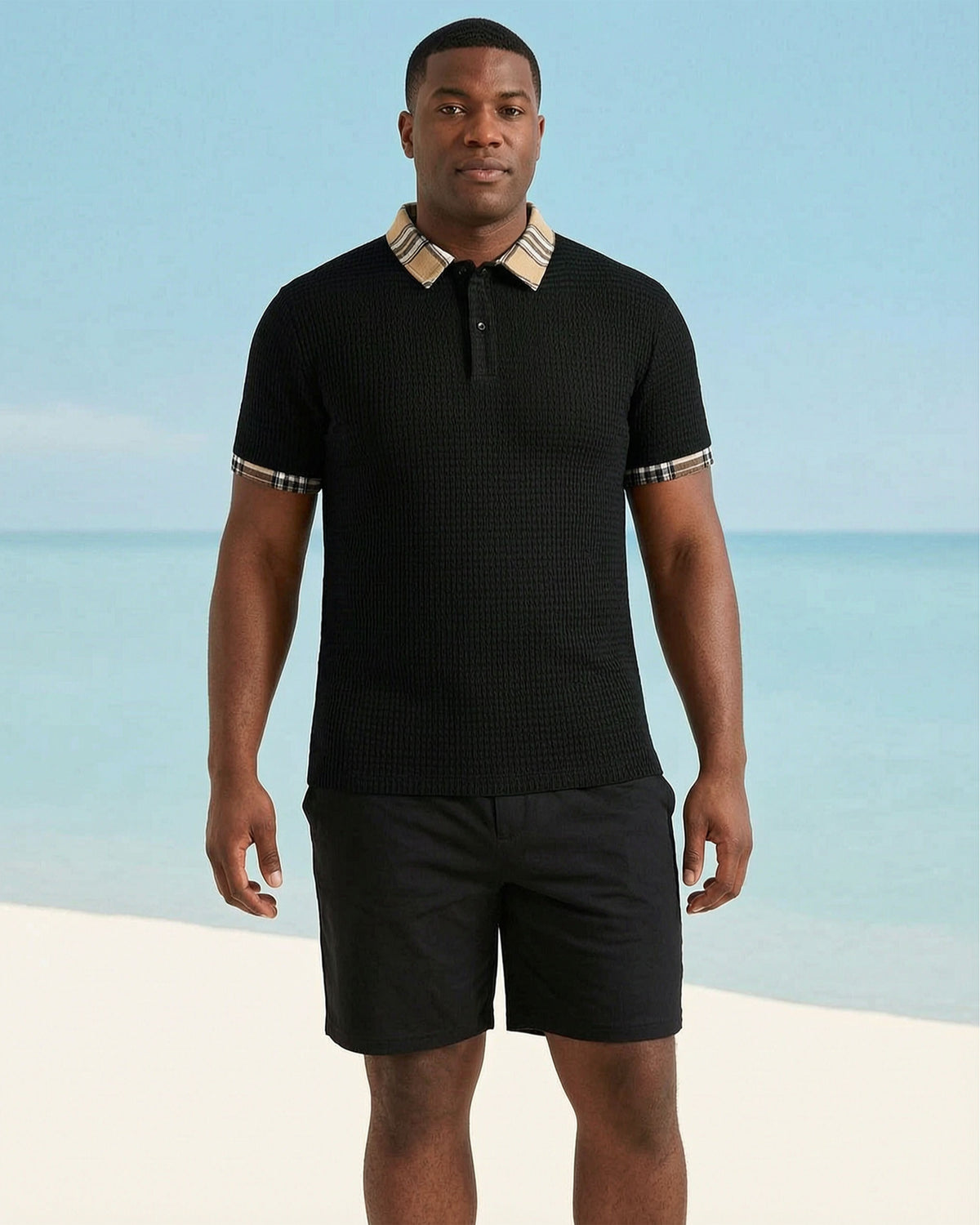 Big & Tall Men's Neckline Features Stitching Khaki Check POLO Short Sleeve Shorts Black Suit