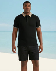 Big & Tall Men's Neckline Features Stitching Khaki Check POLO Short Sleeve Shorts Black Suit