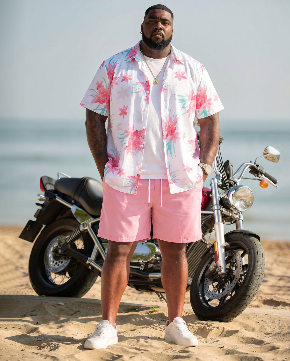 Big & Tall Men's Hawaiian Pink Floral Short Sleeve Cardigan Shirt Shorts Set