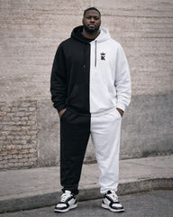 Large Size Men's Autumn And Winter Warm Cold-proof Black & White Contrast Stitching Printed Chest KING Hoodie Sweatpants Set