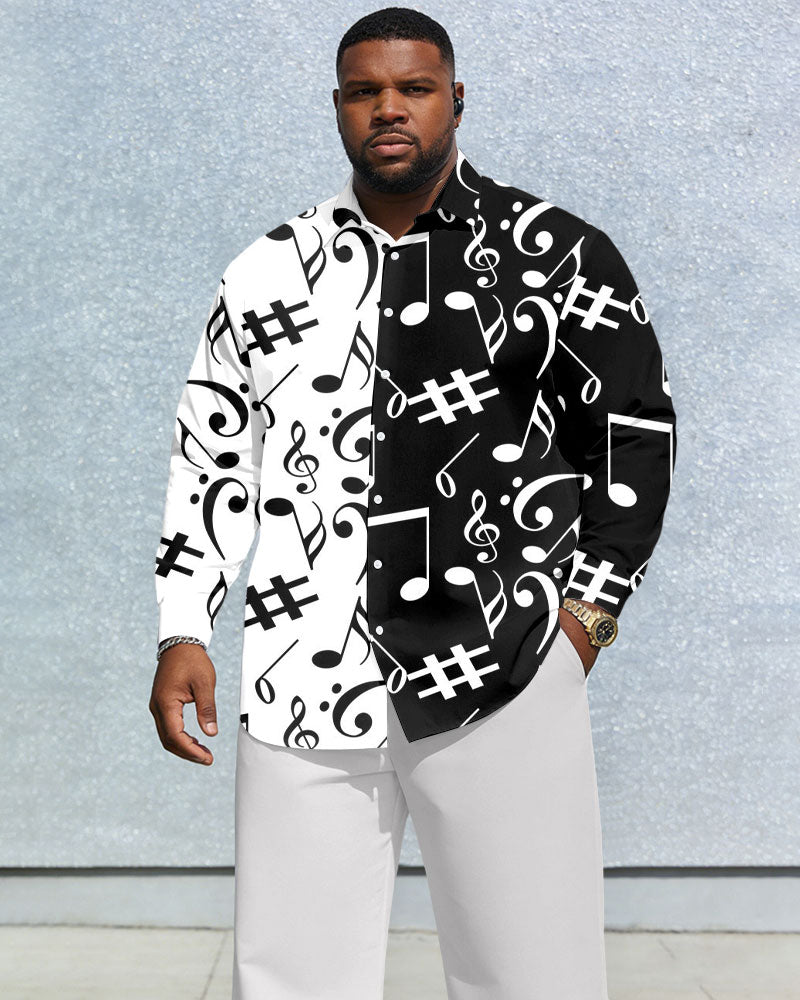Men's Plus Size Casual Vacation Music Character Date White & Black Stitching Anti-Wrinkle New Lap Collar Long Sleeve Shirt