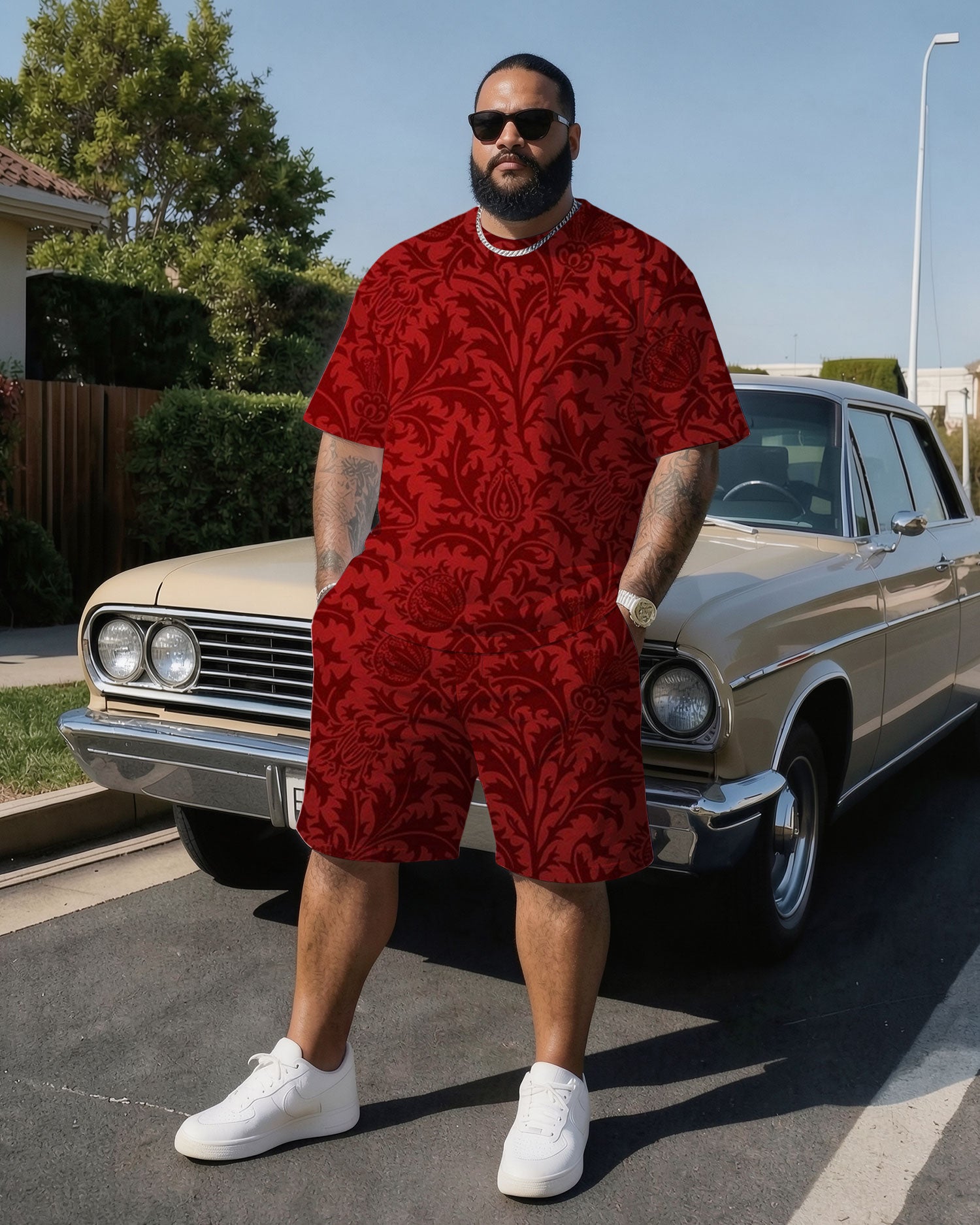 Big & Tall Men' High-end Anne Hathaway Jacquard Baroque Luxury Short-sleeved T-shirt Shorts Set
