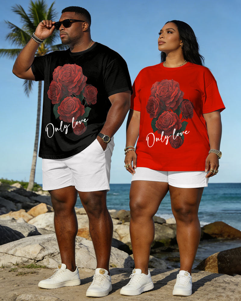 Big & Tall Spring And Summer New Valentine's Day Dating Party Party Holiday Rose Pattern Printed Round Neck Short Sleeve T-Shirt Shorts Set Couple Dress
