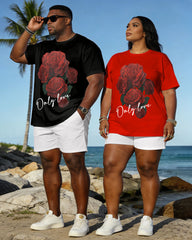 Big & Tall Spring And Summer New Valentine's Day Dating Party Party Holiday Rose Pattern Printed Round Neck Short Sleeve T-Shirt Shorts Set Couple Dress