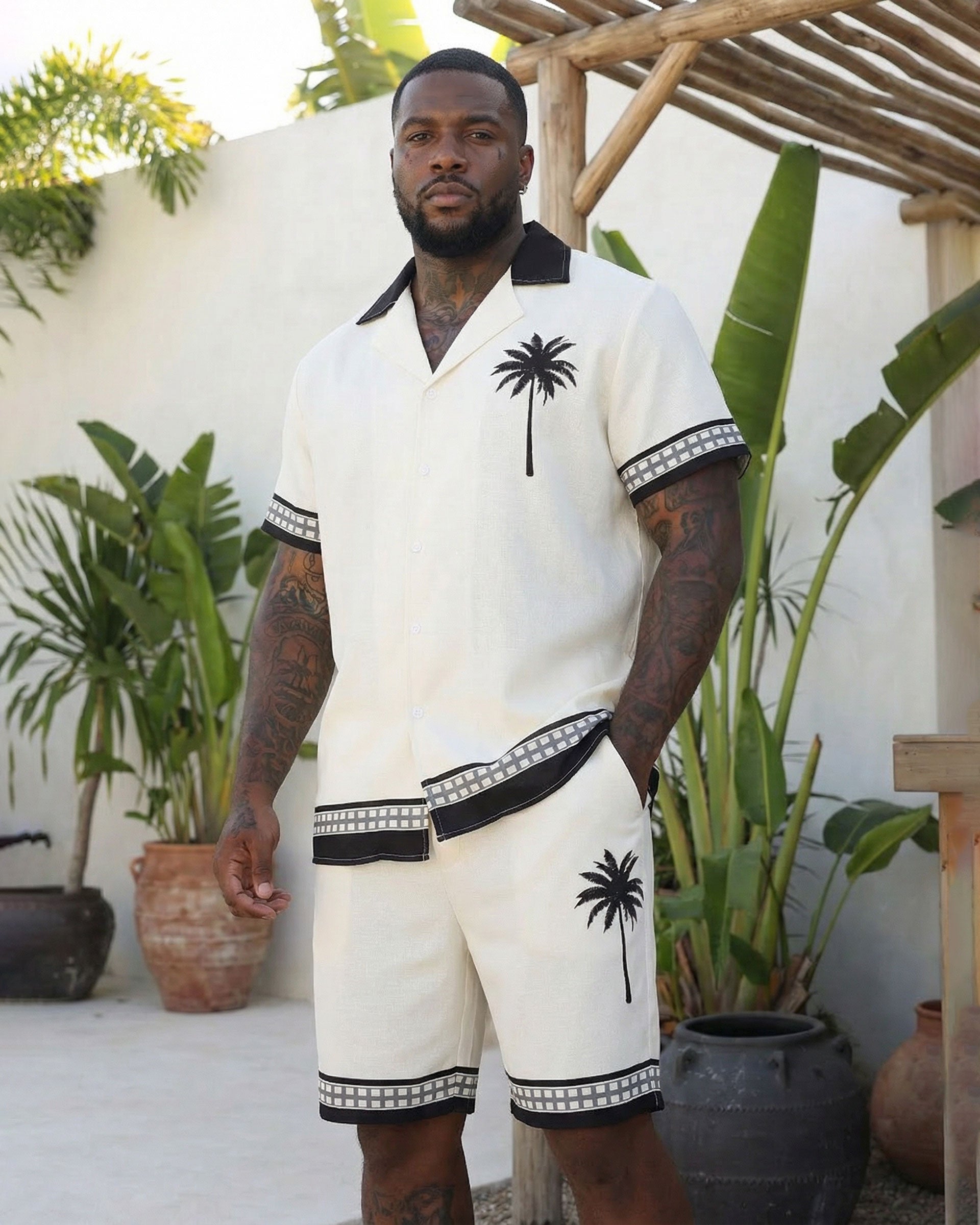 Big & Tall Men's Hawaiian Off-white Coconut Hem Cuffs Geometric Stitching Cuban Collar Short Sleeve Shirt Shorts Set