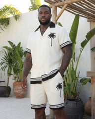 Big & Tall Men's Hawaiian Off-white Coconut Hem Cuffs Geometric Stitching Cuban Collar Short Sleeve Shirt Shorts Set