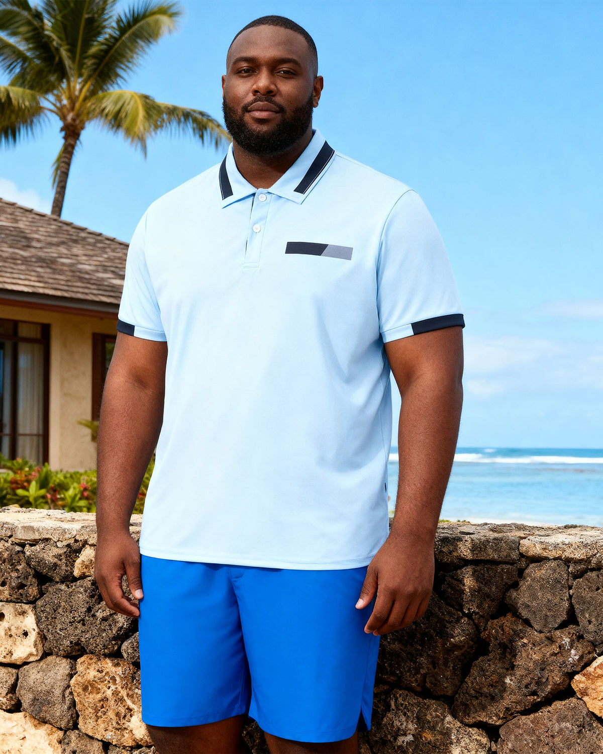 Big & Tall Men's Holiday Hawaii Casual Simple Blue Square Design Short Sleeve POLO Shirt Shorts Set