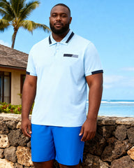 Big & Tall Men's Holiday Hawaii Casual Simple Blue Square Design Short Sleeve POLO Shirt Shorts Set