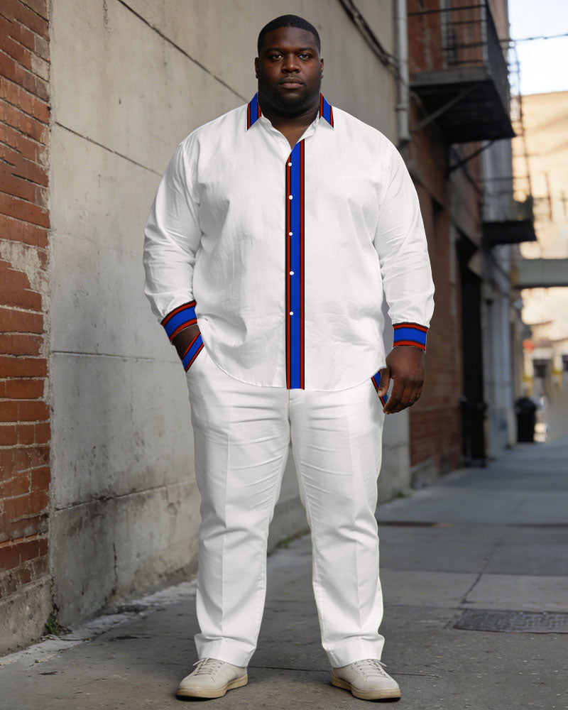 Men's Large Size White Cardigan Placket Color Contrast Simple Long Sleeve Shirt Trousers Business Casual Suit