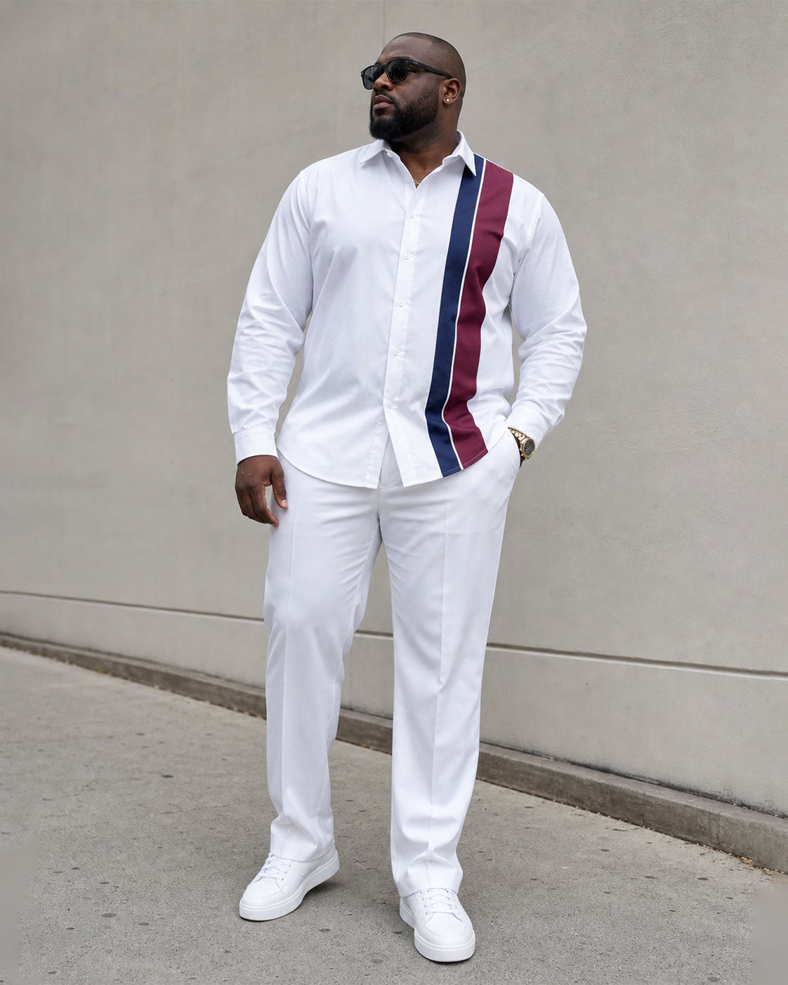 Big & Tall Men's White Simple Contrast Color Business Leisure Travel Party Long Sleeve Shirt Pants Set