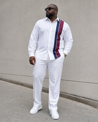 Big & Tall Men's White Simple Contrast Color Business Leisure Travel Party Long Sleeve Shirt Pants Set