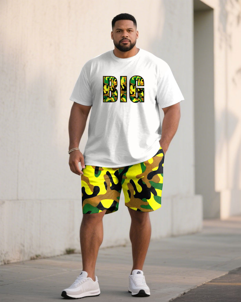 Large Size Men's Camouflage "BIG" Slogan Print Short Sleeve T-shirt Shorts Set